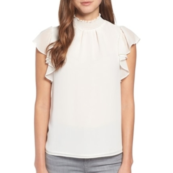 1 STATE Flutter Sleeve Smocked Neck Blouse - Picture 2 of 7